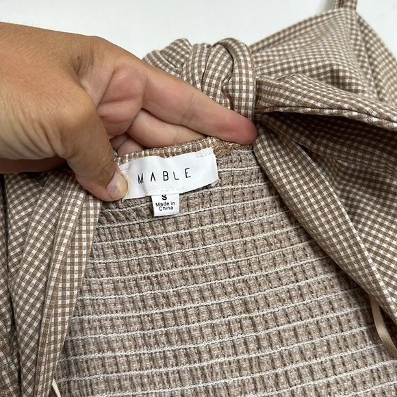 Pinkblush Mocha Gingham Print Smocked Fitted Self-Tie Maternity Midi Dress Small - Picture 10 of 13